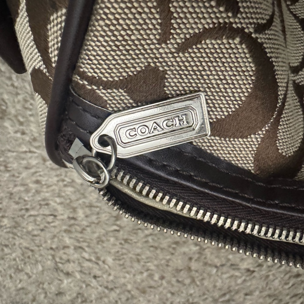 Coach duffle bag khaki/brown w/strap slight wear/tear. - Picture 3 of 14
